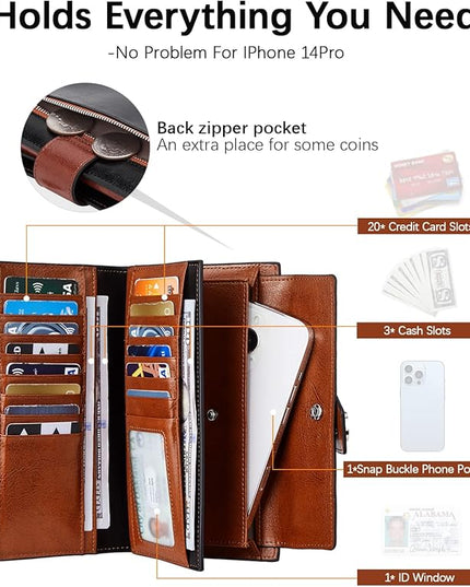 BOSTANTEN Womens Leather Wallets RFID Blocking Large Capacity Credit Card Holder Phone Clutch Black