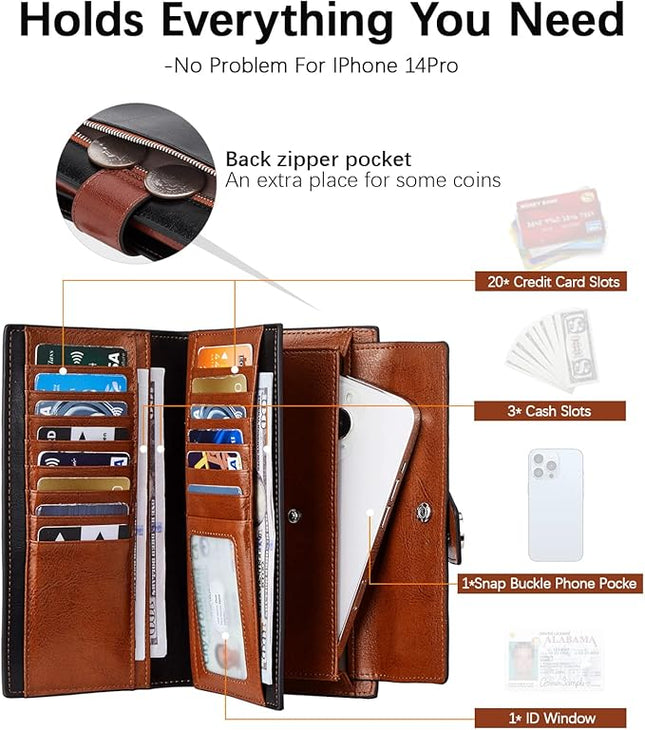 BOSTANTEN Womens Leather Wallets RFID Blocking Large Capacity Credit Card Holder Phone Clutch Black