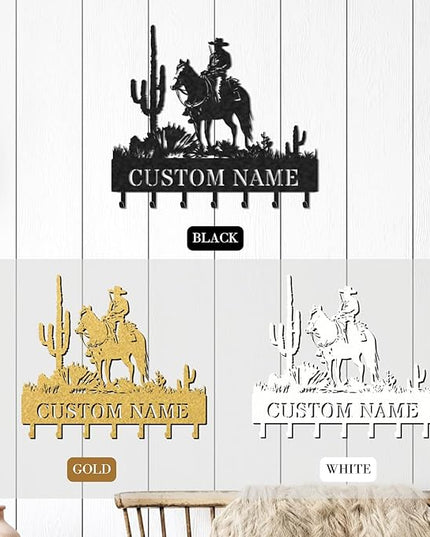 LOWACOS Personalized Key Holder for Wall, Custom Metal Cowboy Key Hooks with Name, Meta Jacket Holder Hooks Organizer Rack, Jacket Hanger Decor for Kitchen, Entryway, Hallway, Office, Doorway