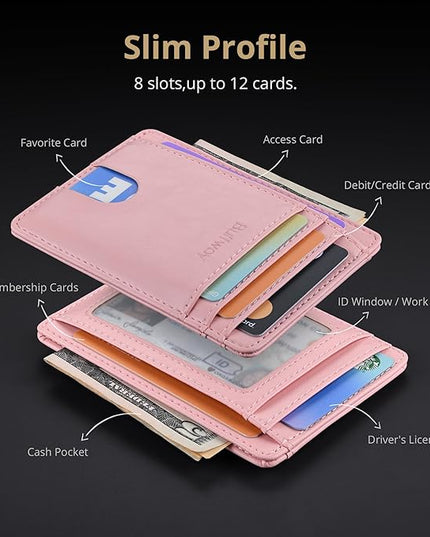 Buffway Slim Minimalist Front Pocket RFID Blocking Leather Wallets for Men and Women - Alaska Pink