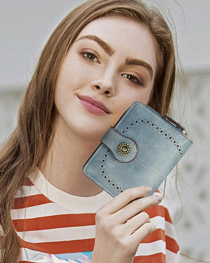 TFKGS Small Womens Wallet Leather RFID Blocking Bifold Compact Card Holder Ladies Zipper Accordion Pocket with ID Window Blue