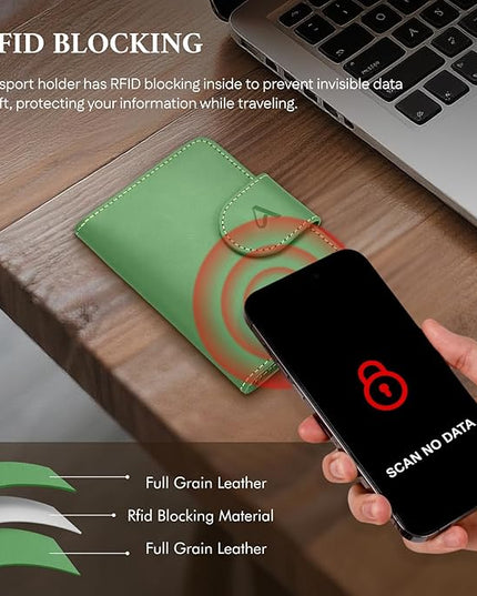 ALLIVE Rfid Passport Holder for Travel Women, Rfid Passport Cover Wallet, Genuine Leather Passport Holder for Travel with AirTag Hidden, Airport Essentials, Travel Gifts (Avocado Green)