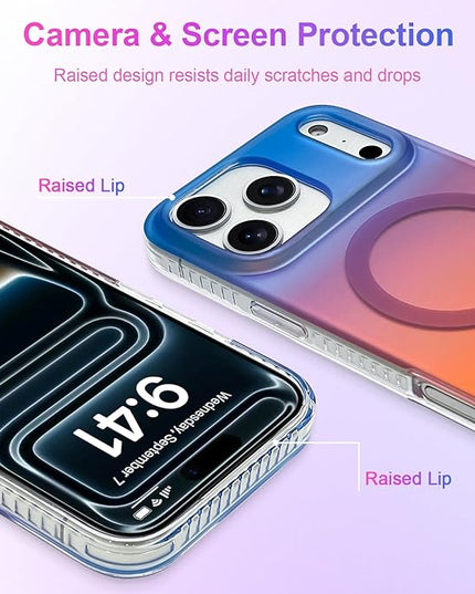 Aesthetic Case for iPhone 17 Pro Max Case for Women Girls [Compatible with Magsafe] Cute Girly Trendy Glitter Sparkly Rainbow Magnetic Protective Phone Cover, Matte Iridescent Blue & Orange