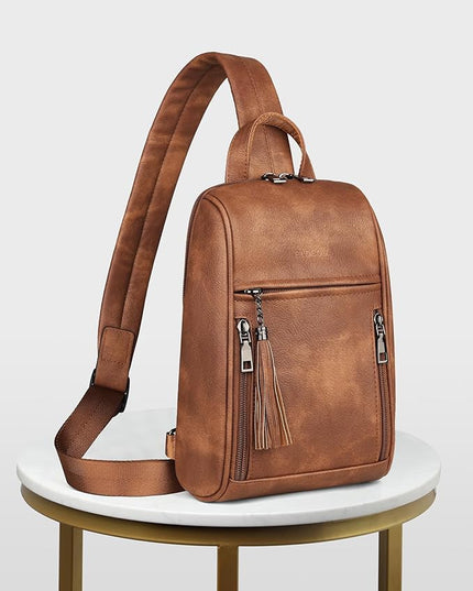 FADEON Sling Bag for Women, Crossbody Backpack with Tassels, Designer Leather Shoulder Chest Bags for Travel
