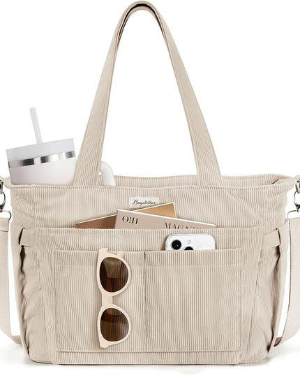 Corduroy Tote Bag for Women, 17 Pockets Laptop Work Tote Bag Lightweight Teacher Nurse Bible Bag for School Travel | with 40oz Cup Holder, Multi Compartment, Zipper Crossbody Bag, College Shoulder Bag, Daily Purse w/ Strap, Ideal Gift for Women