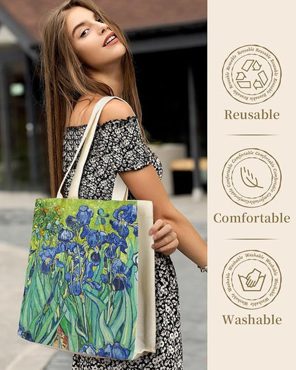 AUSVKAI Canvas Tote Bag Aesthetic for Women, Cute Reusable Bags with Pockets & Snaps for Beach Shopping College Gym Grocery