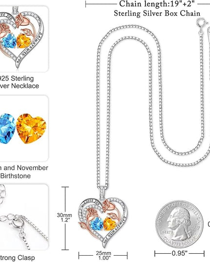Iefil Christmas Gifts for Women Wife - 925 Sterling Silver Rose Heart Birthstone Necklace Birthday Anniversary Jewelry Gifts for Her Wife Mom Daughter