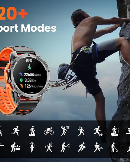 Hwagol Smart Watches for Men (Call/Notification),1.52'' Military Smart Watch, Two Style Kits,Flashlight,100+Sport Modes/Heart Rate/Sleep Monitor/Pedometer (Orange-Blue)