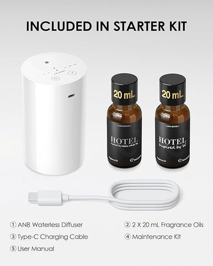 Airversa Waterless Essential Oil Diffuser Starter Kit with 2x20mL Hotel Fragrance Oils for Car Home Office, Up to 600 sq ft, Cordless Nebulizer Baterry Operated, Mist & Timer Settings AN8Kit-3, White