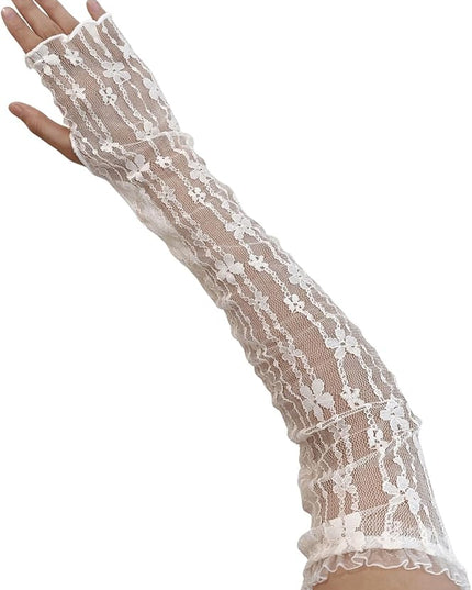 SHENHE Women's Sheer Lace Tulle Gloves Fingerless Elbow Length Arm Sleeves Mittens