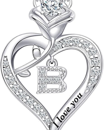 Rose Heart Pendant Necklace Gifts for Wife, Engraved 'I love you' Gift for Wife Girlfriend, Anniversary Birthday Eternity Jewelry Present for Women, Moissanite Necklace Gift for Her