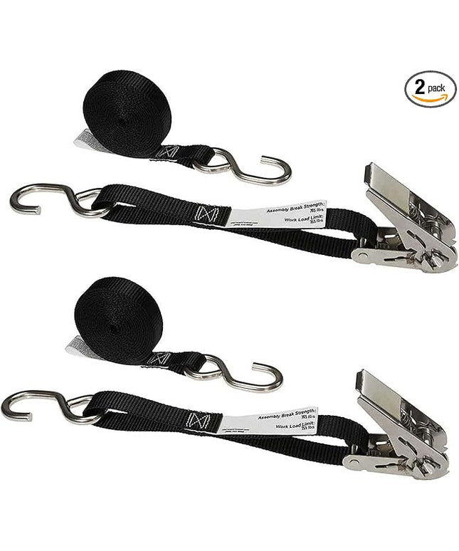 US Cargo Control Stainless Steel Ratchet Straps with S-Hooks (2-Pack), 1 Inch X 10 Foot, Black Tie Down Straps with Stainless Steel Thumb Ratchets, Utility Straps to Secure Cargo