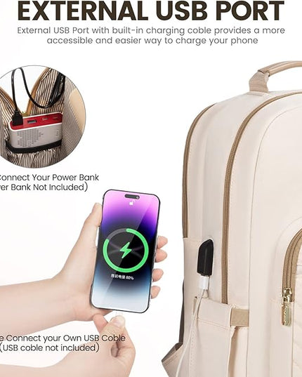 LOVEVOOK Laptop Backpack for Women 17.3 inch,Cute Womens Travel Backpack Purse,Professional Laptop Computer Bag,Waterproof Work Business College Teacher Bags Carry on Backpack with USB Port,Off-white