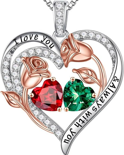 Iefil Christmas Gifts for Women Wife - 925 Sterling Silver Rose Heart Birthstone Necklace Birthday Anniversary Jewelry Gifts for Her Wife Mom Daughter