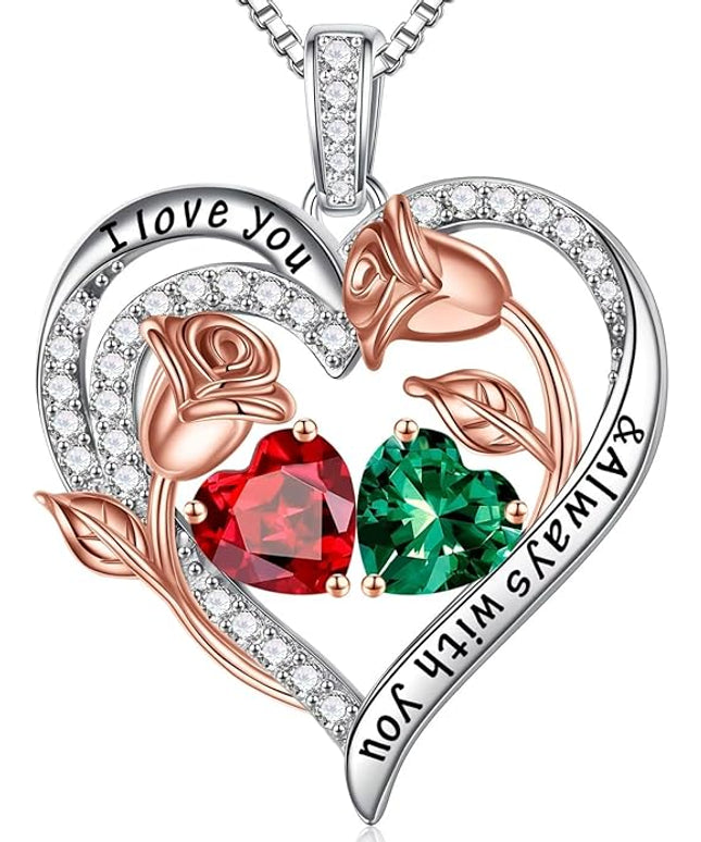 Iefil Christmas Gifts for Women Wife - 925 Sterling Silver Rose Heart Birthstone Necklace Birthday Anniversary Jewelry Gifts for Her Wife Mom Daughter