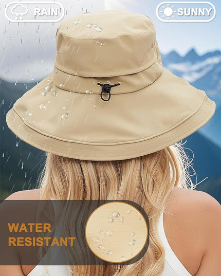 Sun Hats for Women, Wide Brim Waterproof Bucket Hat, Summer Beach Packable Ponytail Hat,UPF 50+ UV Protection