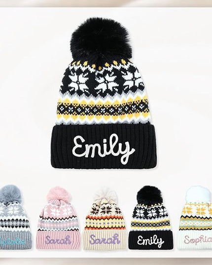 Personalized Beanie for Women Custom Knit with Name, Winter Hat with Pom Pom, Soft Lined Warm Hat, Birthday Gift