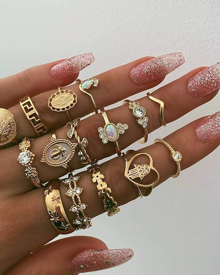 YOOESTORES82 Boho Knuckle Stackable Ring Set for Women,Vintage Gold Silver Rings Set Stacking Rings Set Star Moon Bulk Multiple Pack Midi Finger Rings