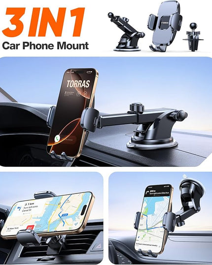 TORRAS Military-Grade Phone Holders for Your Car【96+LBS Strongest Suction】Car Phone Holder Mount, Ultra-Durable Cell Phone Car Mount Truck for Dashboard Windshield Vent for iPhone 17 16 15 Pro Max Air