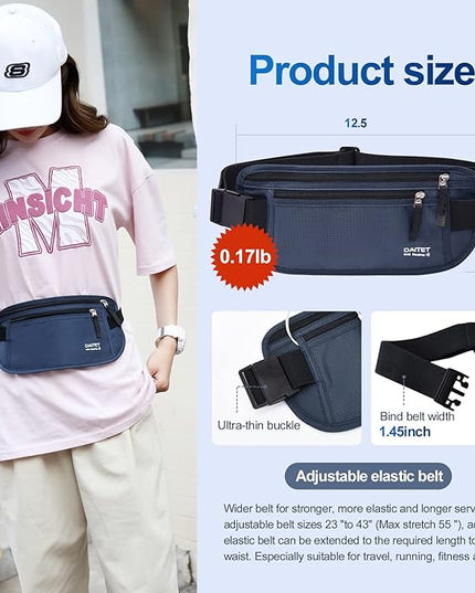 RFID Blocking Money Belt for Men Women, Slim Fanny Pack for Travel，Running,Conceal Waist Wallet for Passport Holder,Phone,Cash(Black Dark Blue)