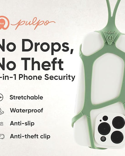 Pulpo Safety Cell Phone Lanyard Green Fits Smartphones 6.1 to 6.8” - Anti Theft Phone Strap for Men & Women, Lanyards for Phones, Hiking Phone Holder & Cellphone Lanyard, Silicone Crossbody Straps