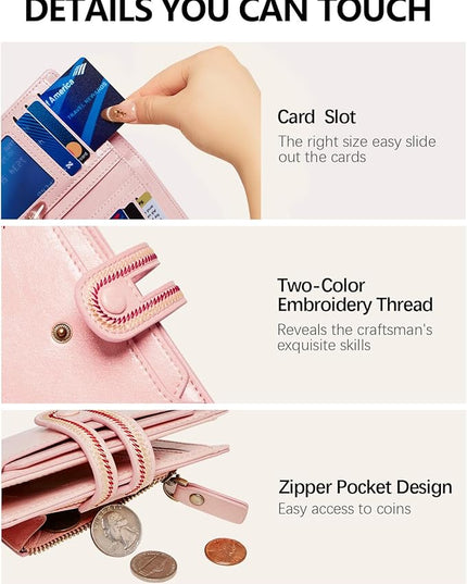 TFKGS Small Wallet for Women Vegan Leather RFID Blocking Bifold Compact Credit Card Holder with Zipper Coin Pocket Pink