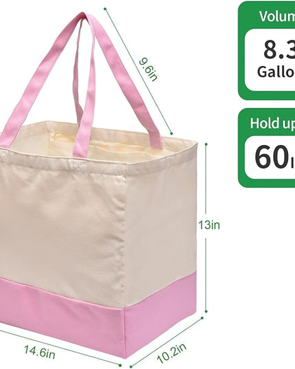 3 Pack Canvas Reusable Grocery Bags Heavy Duty, 8.3 gal Foldable Large Tote Bag with Handles, Holds 60 lbs Canvas Shopping Bags & Washable Eco-friendly Bags with 5 Pockets, Pink+Off white