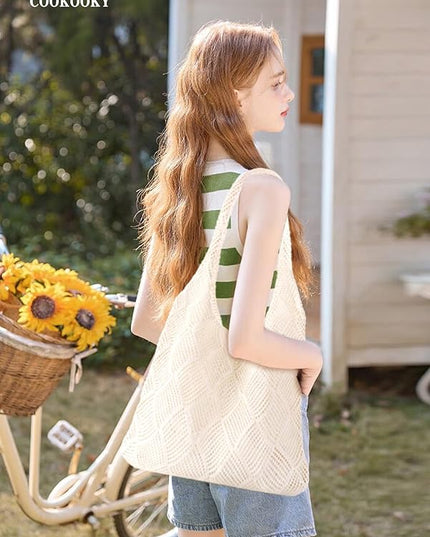 COOKOOKY Crochet Beach Tote bag Summer Beach Bag for Women Aesthetic Mesh Tote Bag Hippie Bag Knit Bag