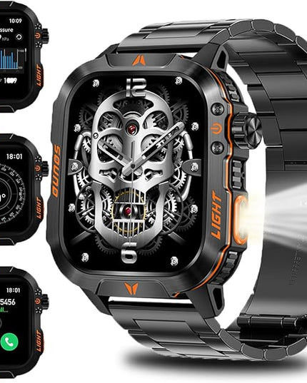 QTLLBT Military Smartwatch, Answer Make Calls LED Flashlight Barometer Compass 2.01HD IP68 Waterproof Outdoor Tactical Watch 100+ Sports Modes Sleep Heart Rate Available for Android iOS (Steel Band)