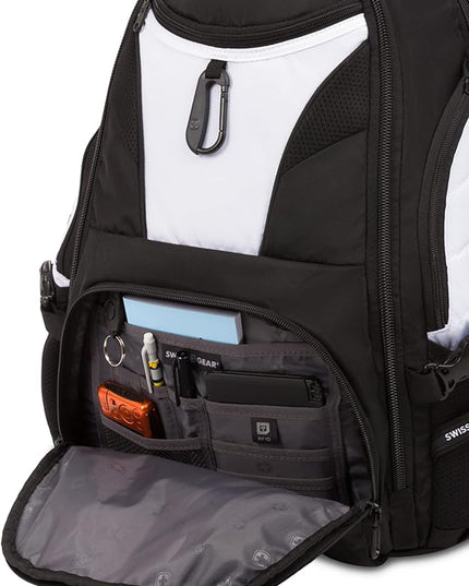 SwissGear 1900 ScanSmart 17” Laptop Backpack White/Black – Reflective Tech Backpack with ScanSmart Compartment – Multiple Organizer Pockets & RFID Scan Blocking Technology