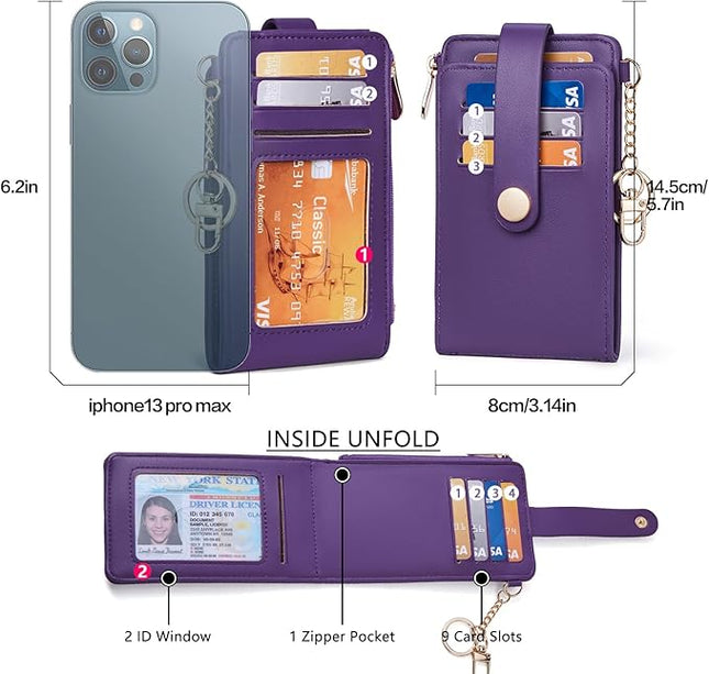 POIUGOYA Slim Wallet for Women,RFID Blocking Bifold Credit Card Holder with Zipper Coin Pocket,ID Window,Keychain
