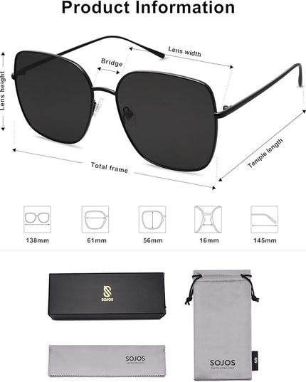 SOJOS Trendy Oversized Square Metal Frame Sunglasses for Women Men Retro Big Flat Lens UV Protection Sunglasses SJ1146