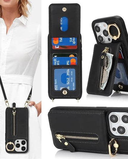 for iPhone 15 Pro Wallet Case with Card Holder, for iPhone 15 Pro Case Wallet with Strap Credit Card Slot, Crossbody Bag with Zipper Case for iPhone15 Pro - Black