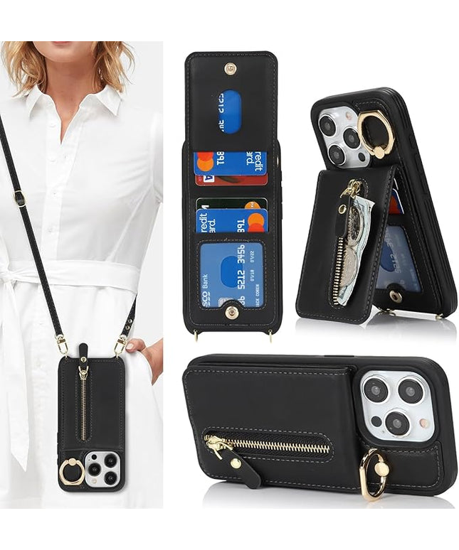 for iPhone 15 Pro Max Wallet Case with Card Holder, for iPhone 15 Pro Max Case Wallet with Strap Credit Card Slot, Crossbody Bag with Zipper Case for iPhone15 Pro Max - Black