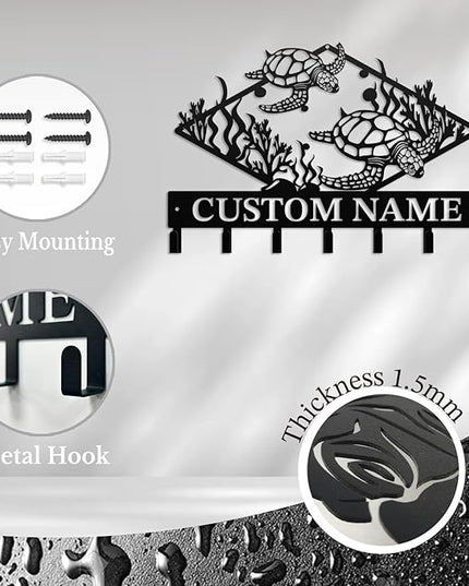 Casebrick Custom Sea Turtle Metal Wall Hooks,Key Holder-Personalized Iron Wall Decor for Keys, Coats & Home Organization (Black, Handmade,Decorative for Entryway, Beach,Bedroom,Office) (Style G)