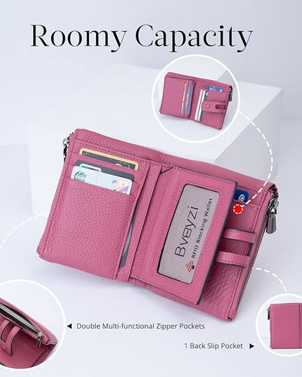 Bveyzi Small Soft Leather Wallet for Women RFID Blocking Ladies Card Holder with Double Zipper Pocket