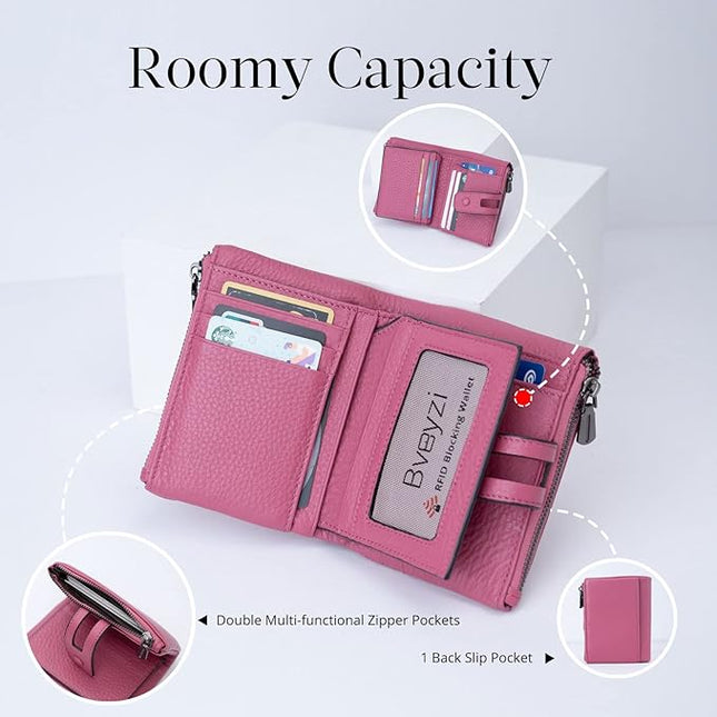 Bveyzi Small Soft Leather Wallet for Women RFID Blocking Ladies Card Holder with Double Zipper Pocket