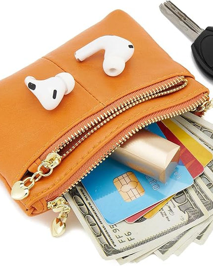 ZOOEASS Women PU Leather Zip Mini Coin Purse With Key Ring Triple Zipper Card Holder Wallet (Orange)