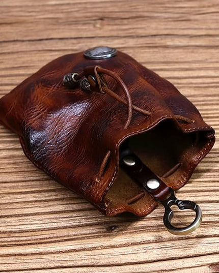 Wugebud 1 Pcs Leather Mini Medieval Pouch Keychain, Coin Organizer, Change Holder, Leather Drawstring Pouch for Men & Women