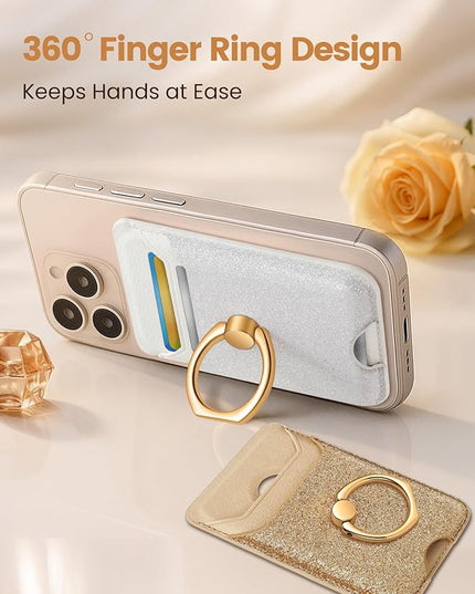 Shorogyt Compatible with Magsafe Wallet Magnetic Card Holder - Phone Wallets with Ring Grip Stand Cute Fashion for iPhone 17/16/15/14/13/12 Series for Women Girls Glitter White Design, Fit 3 Cards