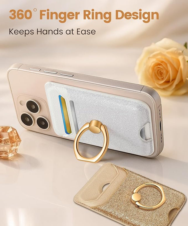 Shorogyt Compatible with Magsafe Wallet Magnetic Card Holder - Phone Wallets with Ring Grip Stand Cute Fashion for iPhone 17/16/15/14/13/12 Series for Women Girls Glitter White Design, Fit 3 Cards