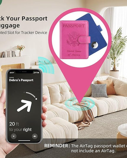2 Pack Passport Holder for Travel with Slot for Tracker Device & Luggage Tag Cover, RFID Blocking Passport Holder for Women & Men | PU Leather Passport Cover Case with Pocket, Blue & Pink