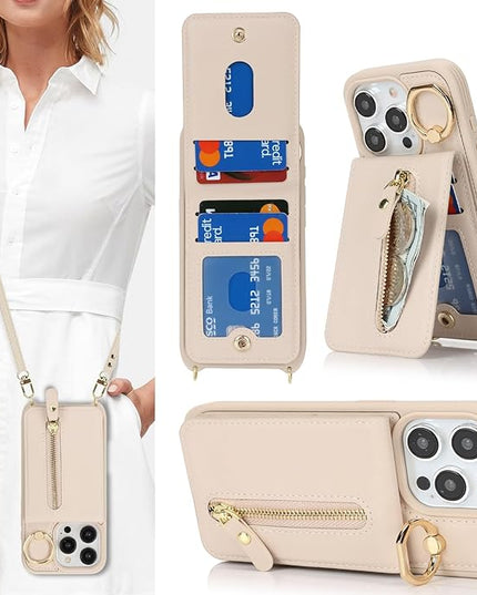 for iPhone 15 Pro Wallet Case with Card Holder, for iPhone 15 Pro Case Wallet with Strap Credit Card Slot, Crossbody Bag with Zipper Case for iPhone15 Pro - Warm White