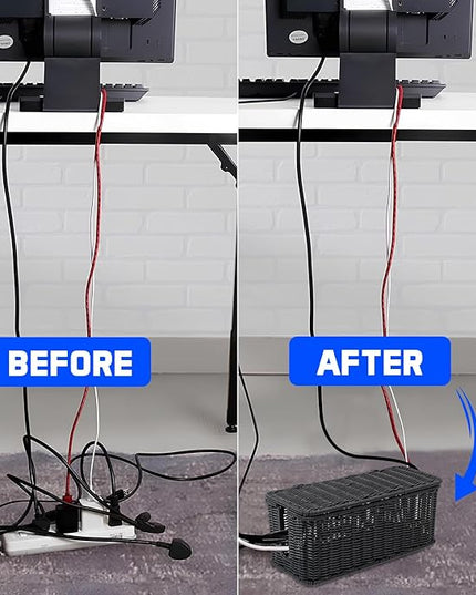 Cable Management Box, Handmade Rattan Cable Organizer with 2 Open Slots, Cord Hider for Power Strip, Router & USB Hub, Registered U.S. Design Patent (D1,112,102), 13" x 5.1" x 5.1", Black