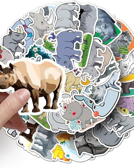 Cartoon Rhinoceros Stickers for Kids Girls Boys Teens|50 Pcs| Vinyl Waterproof Stickers for Laptop Cup Water Bottle Phone Tablet Luggage Flasks Helmet, Lovely Animals Decals Pack(Rhino -50Pcs)