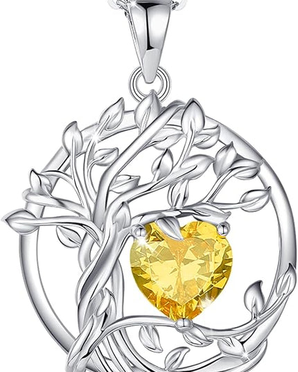 FANCIME Tree of life Birthstone necklace Sterling Silver Pendant Birthstone Necklace Gemstone Anniversary Birthday Jewelry Christmas Gifts for Mom Her Wife
