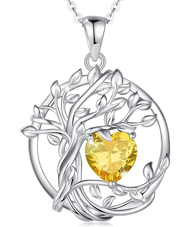 FANCIME Tree of life Birthstone necklace Sterling Silver Pendant Birthstone Necklace Gemstone Anniversary Birthday Jewelry Christmas Gifts for Mom Her Wife