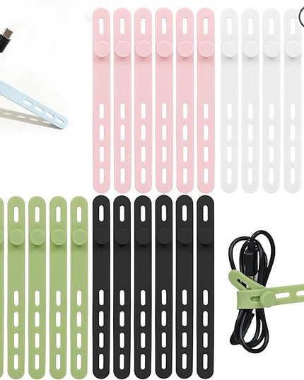 Donruby 24Pcs Silicone Cable Ties - Reusable & Washable with Locking Buckles, Adjustable Fastening Cable Management Straps, Multi-Purpose High Elasticity Cord Organizer (4 Colors)