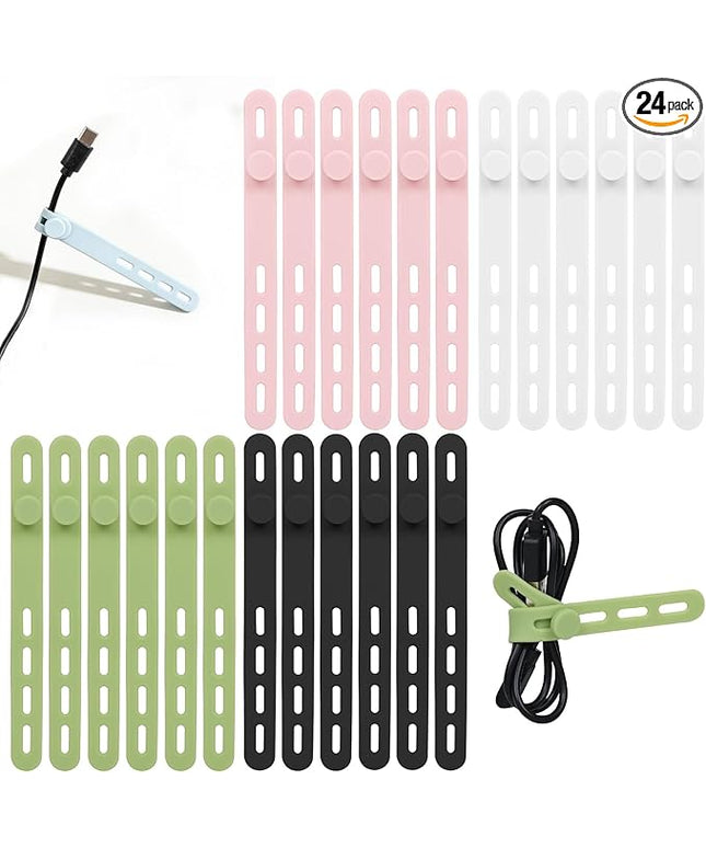 Donruby 24Pcs Silicone Cable Ties - Reusable & Washable with Locking Buckles, Adjustable Fastening Cable Management Straps, Multi-Purpose High Elasticity Cord Organizer (4 Colors)