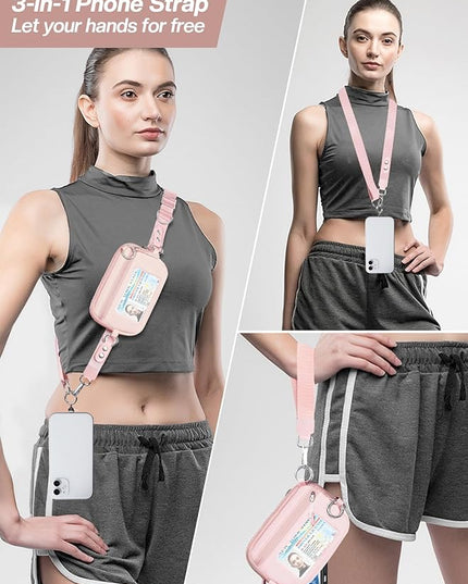 Clip and Go Strap for Phone with Wallet Crossbody Phone Lanyard Adjustable and Detachable RFID Wristlet Wallet with ID Window and Zipper, Pink